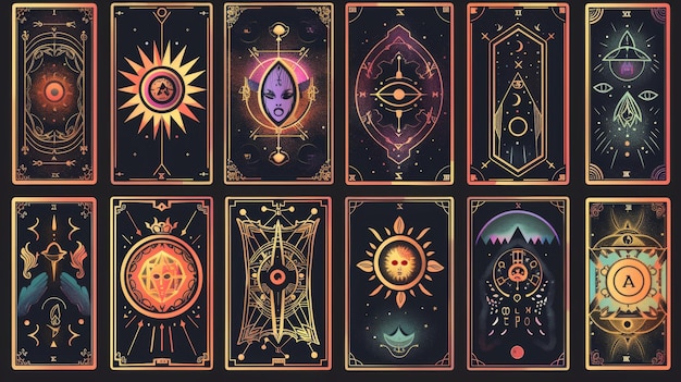 Zdjęcie magiczne, mistyczne karty tarotowe, projekty arcana, święte, ezoteryczne symbole, okultystyczne, niebiańskie, duchowe znaki, wzory, wróżbiarstwo, tarot z oczami słońca i księżyca, nowoczesna ilustracja graficzna.