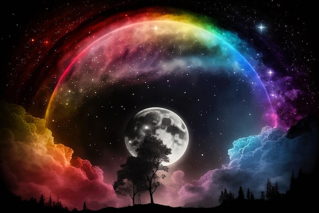 Magiczne nocne tło z pełnią księżyca jako piękna tęcza w bajkowej astronomii gwiaździstej nocy