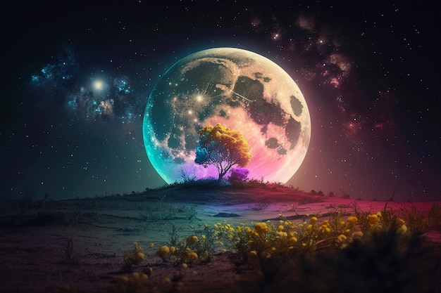 Magiczne nocne tło z pełnią księżyca jako piękna tęcza w bajkowej astronomii gwiaździstej nocy