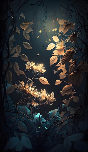 Magiczne opalizujące kwiaty w ciemnym tajemniczym lesie