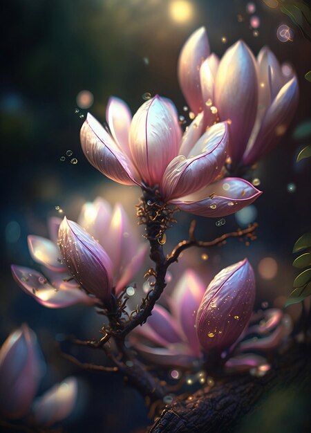 Magiczne różowe kwiaty magnolii z bliska