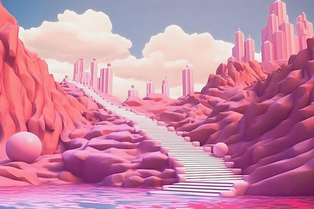 Magiczne schody eksplorujące stylizowany krajobraz Bryce 3D z elementami astralnymi
