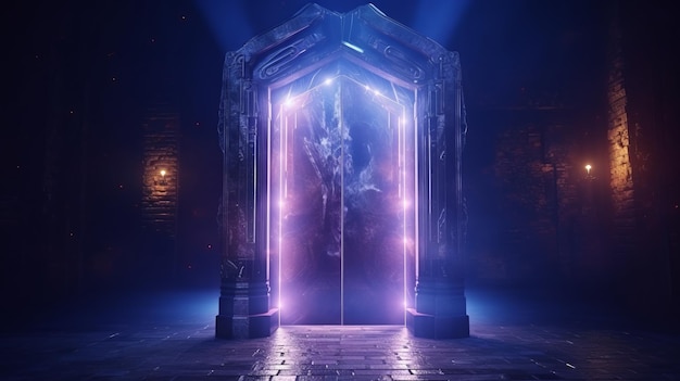 Magiczne świecące drzwi portalowe na ciemnym abstrakcyjnym tle