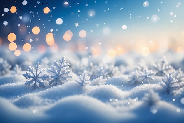 Magiczne zimne tło ze śniegiem, płatkami śniegu i miękkimi światłami na niebieskim niebie.