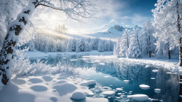 Magiczne zimowe jezioro w centrum alpejskiego lasu drzewnego pokryte płatkiem śniegu i lodem