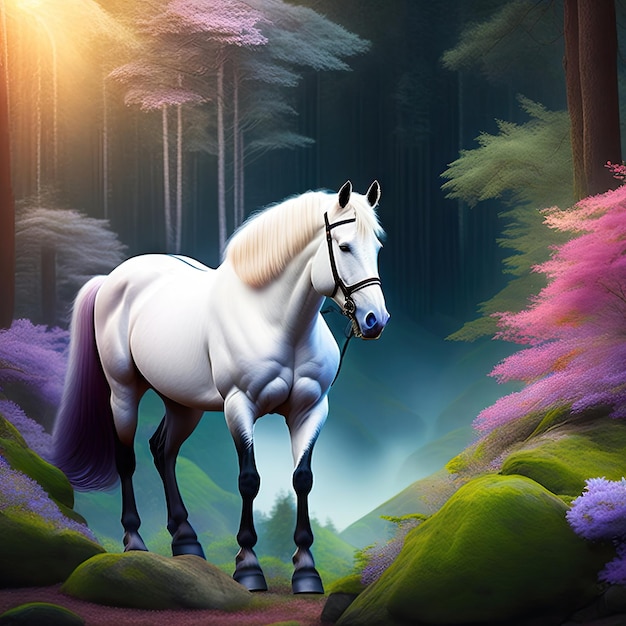 Magiczny biały koń w bajkowym lesie Duch lasu Sztuka cyfrowa