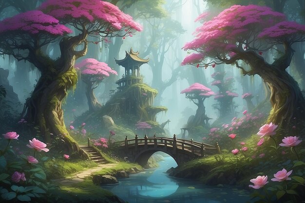 Magiczny chiński las różowy Digital Painting