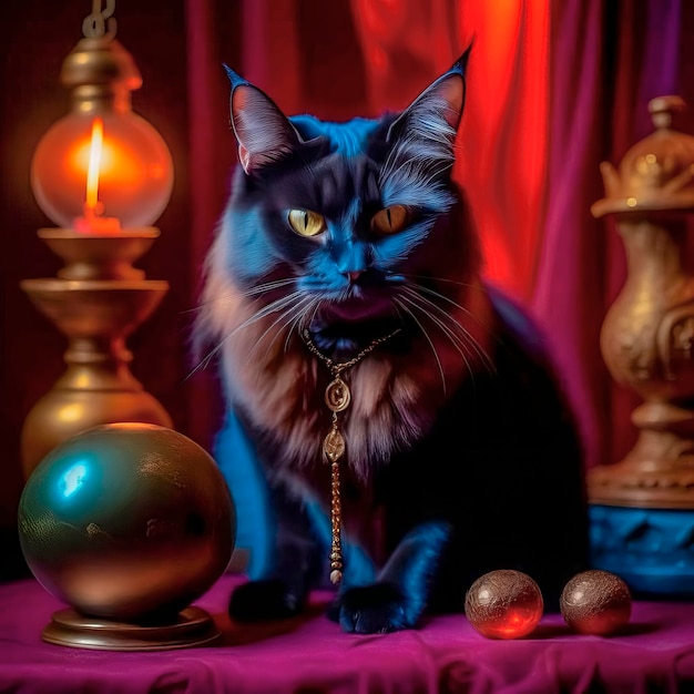 Magiczny czarny kot przewiduje przyszłość w magicznej książce z pokoju czarodziejów.