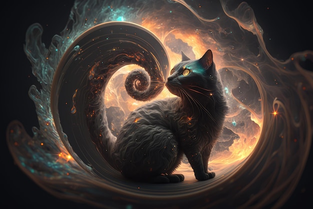 Magiczny czarny kot z galaktykami, spiralami, mgławicami kosmicznymi, gwiazdami, dymem graficznym