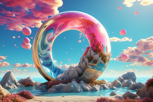 magiczny i surrealistyczny obraz sztuki z wspaniałym letnim niebem na tle szklanej kuli