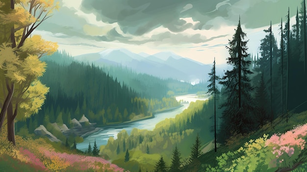 Magiczny krajobraz gór z lasem i rzeką w jasnych kolorach