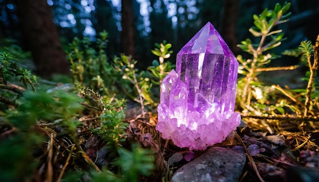 Zdjęcie magiczny kryształ w lesie piękny fioletowy ametyst w lesie w nocy