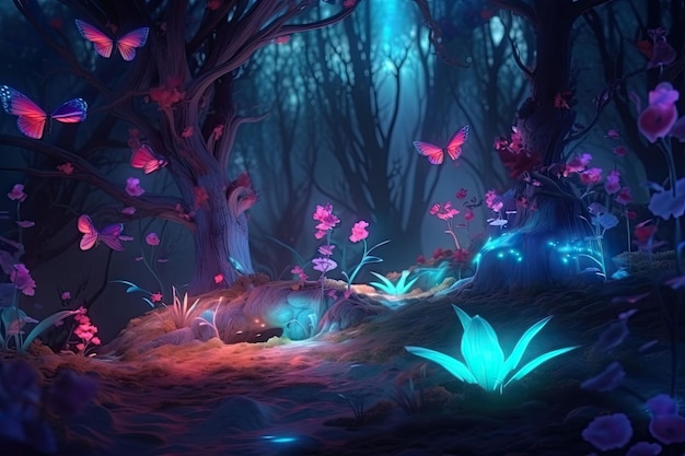 Magiczny las nocą Bioluminescencyjne grzyby świecące kwiaty neonowe i pastelowe kolory Generacyjna sztuczna inteligencja