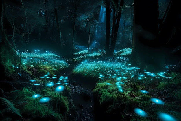 Magiczny las pełen bioluminescencyjnych lekkich roślin i stworzeń Koncepcja projektowania poziomu gry Generative ai