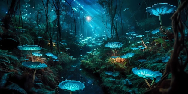 Magiczny las pełen bioluminescencyjnych lekkich roślin i stworzeń Koncepcja projektowania poziomu gry Generative ai