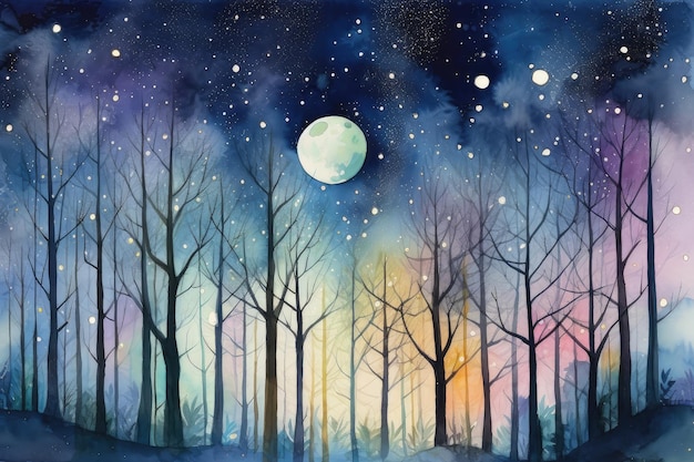 Magiczny las z błyszczącymi gwiazdami i światłem księżyca oraz akwarelą