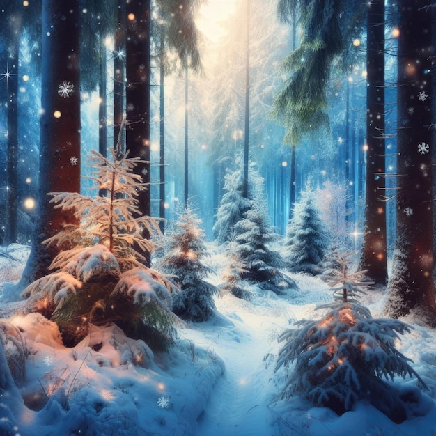 Magiczny las z choinkami bożonarodzeniowymi i świecącymi światłami