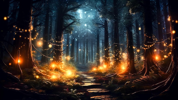 Magiczny las z choinkami i świecącymi światłami Generative ai
