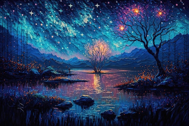 Magiczny malowniczy krajobraz fantasy z gwiazdami, obrazem olejnym i fakturą szpachli