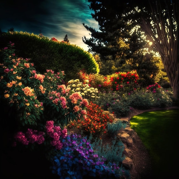Magiczny ogród w słońcu piękne kwiaty Piękno natury Piękny ogród w realistycznym stylu