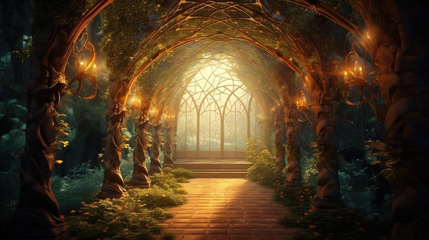 magiczny portal łukowy w środku zaczarowanego lasu