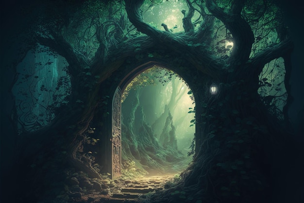 Magiczny portal łukowy wykonany z gałęzi drzew Drzwi do wymiaru fantasy Cyfrowa ilustracja AI