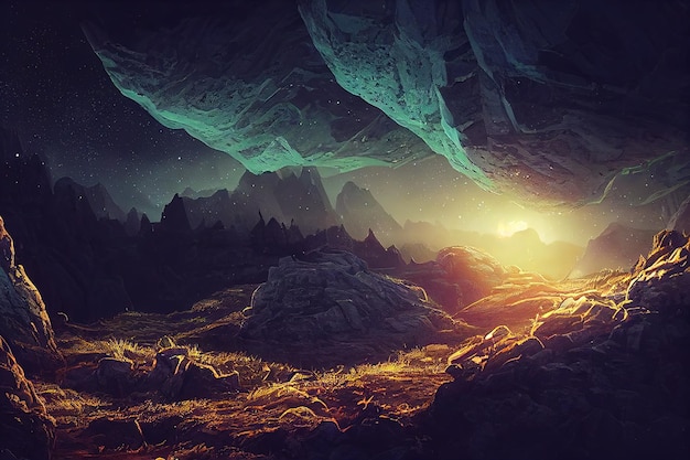 Magiczny portal na górskim klifie z latającymi kamieniami wokół nocnego gwiaździstego nieba 3d ilustracji