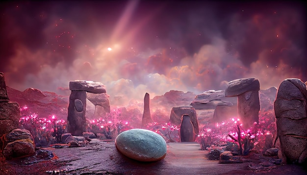 Magiczny portal na obcej planecie kosmos krajobraz noc scena fantasy ze skałami kamienne drzwi z poświatą plazmy i sferami w ciemnym gwiaździstym niebie z różową mgiełką na horyzoncie ilustracja 3d