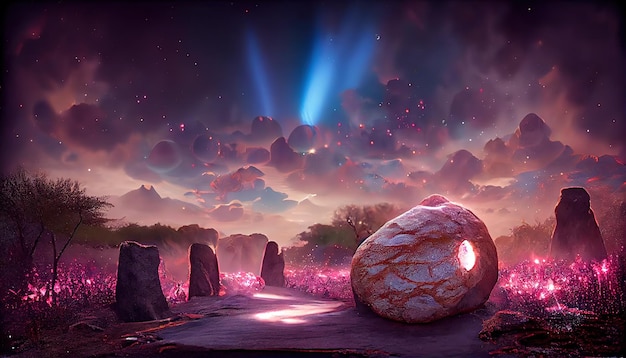 Magiczny portal na skale lub obcej planecie z latającymi kamieniami wokół na szarym różowym zadymionym tle 3d ilustracji