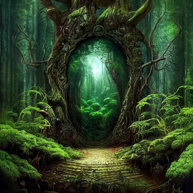 Magiczny portal teleportacyjny w mistycznym bajkowym lesie Brama do równoległego świata fantasy ilustracja 3D