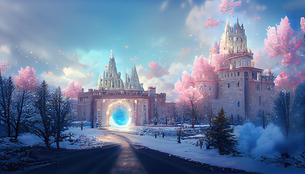 Magiczny portal z bajkowym zamkiem w niebieskim blasku i ciężkich szarych chmurach 3d ilustracji