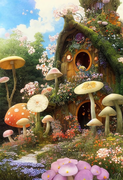 Magiczny świat fantasy z bajkowym domem i packami na muchy w zielonym, tajemniczym lesie