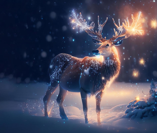 Magiczny świąteczny renifer pokryty świecącą girlandą AI Generated