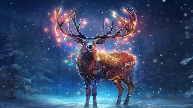 Magiczny świąteczny renifer pokryty świecącymi światłami Sztuczna inteligencja