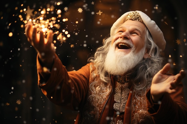 Magiczny Święty Mikołaj używający świątecznej magii z świecącymi cząstkami w ręku patrząc w górę z Jo