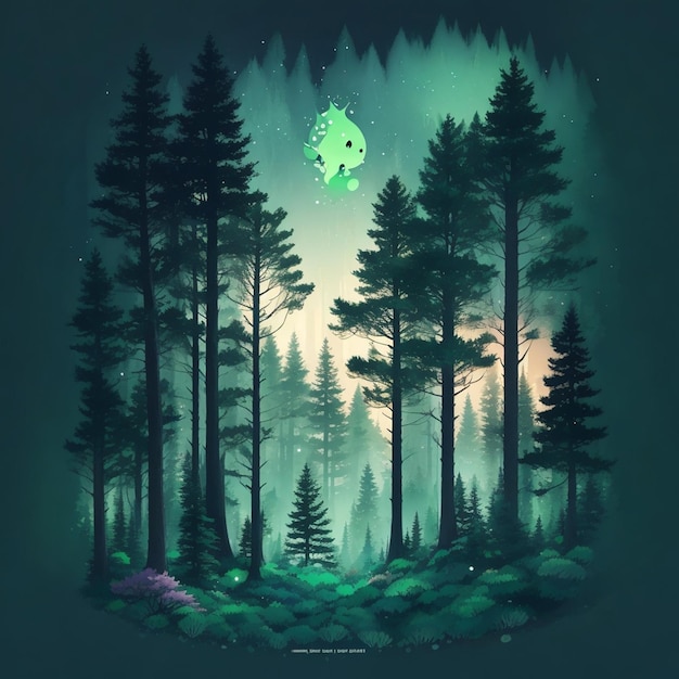 Magiczny tshirt z krajobrazem lasu sosnowego w żywych bladozielonych kolorach ciemne tło ciemne ma