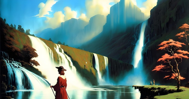 Magiczny Wodospad Dżungla las ilustracji rzeka strumień na tle krajobrazu Generative AI dla dzieci książki historie bajki