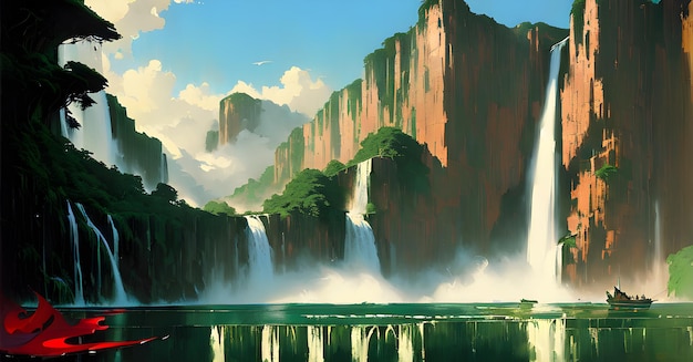 Magiczny Wodospad Dżungla las ilustracji rzeka strumień na tle krajobrazu Generative AI dla dzieci książki historie bajki