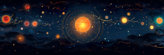 magiczny wzór z konstelacjami słońca, planet, chmur i gwiazd Generatywna sztuczna inteligencja
