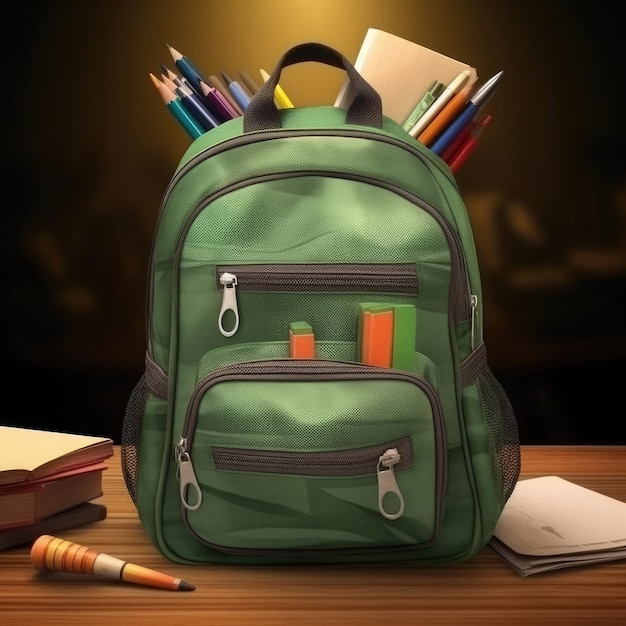 magiczny zielony plecak szkolny z materiałami szkolnymi