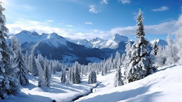 Magiczny zimowy krajobraz w Alpach Śnieżny krajobraz górski z zimowymi drzewami i naturą