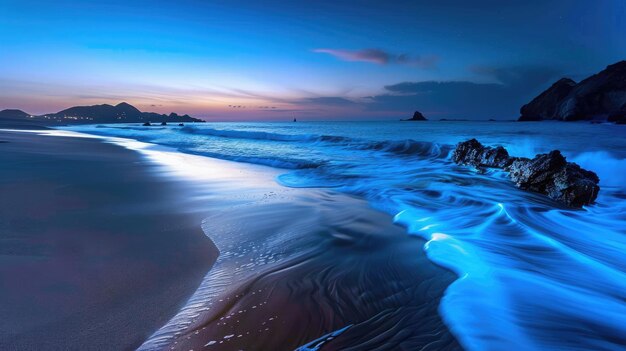 Magiczny zmierzch uchwyca spokojne piękno bioluminescencyjnego brzegu