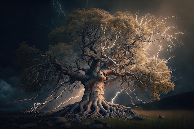 Maginficent Large Beech Tree Błyskawica Ciemne chmury Niebo przez generatywną sztuczną inteligencję