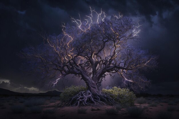 Maginficent Large Carolina Silverbell Tree Błyskawica Ciemne chmury Niebo przez generatywną sztuczną inteligencję