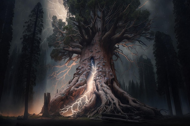 Maginficent Large Giant Sequoia Tree Błyskawica Ciemne chmury Niebo przez generatywną sztuczną inteligencję