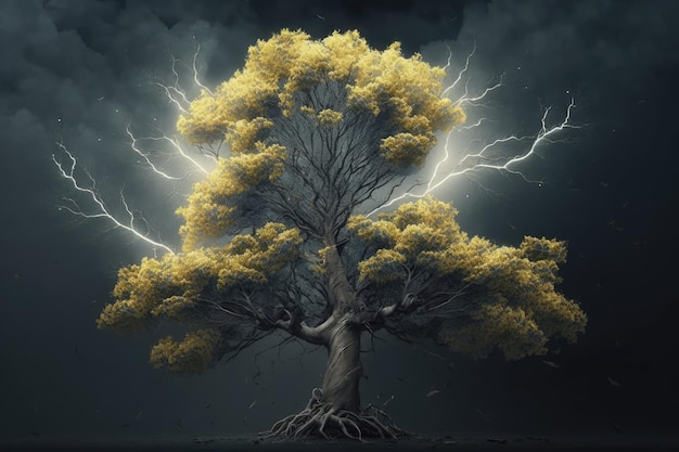 Maginficent Large Ginkgo Tree Błyskawica Ciemne chmury Niebo przez generatywną sztuczną inteligencję