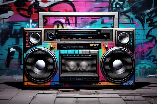 Magnetofon kasetowy w stylu retro na ulicy z graffiti Taniec uliczny przy użyciu boomboxa Subkultura młodzieżowa w stylu lat 80-tych