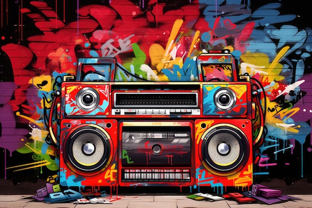 Magnetofon kasetowy w stylu retro na ulicy z graffiti Taniec uliczny przy użyciu boomboxa Subkultura młodzieżowa w stylu lat 80-tych