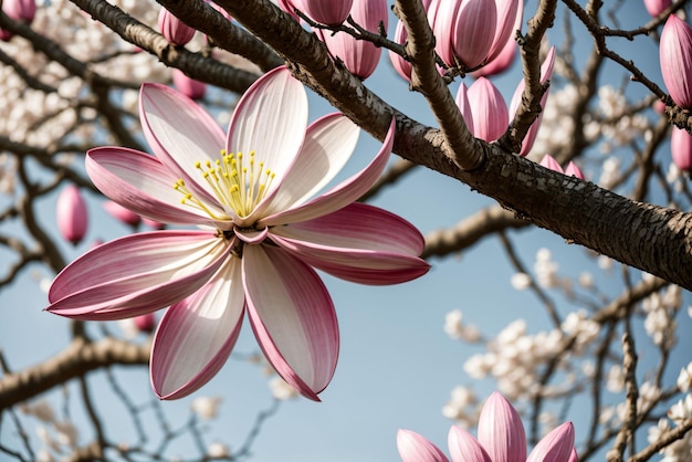 Magnolia w pełnym kwitnieniu, płatki tworzące wstążkę na ziemi