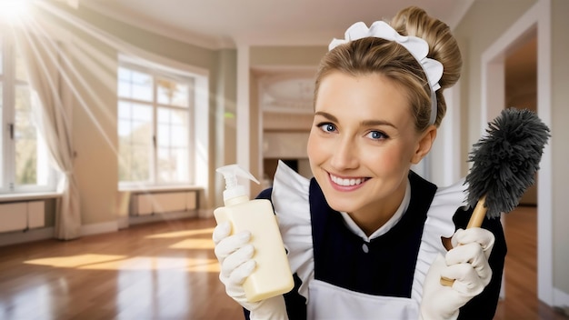 Zdjęcie maid with detergent and duster smiling